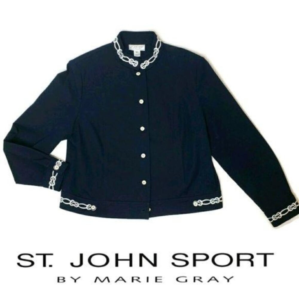 St. John Sport By Marie Gray Navy Jacket Embroidered Chain Accent Womens M